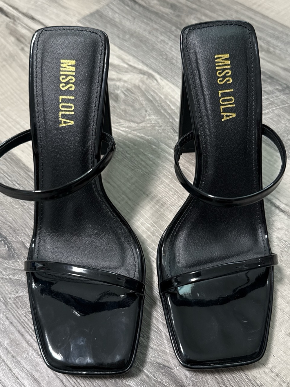 Miss Lola Black Patent Square-Toe Slide Heels